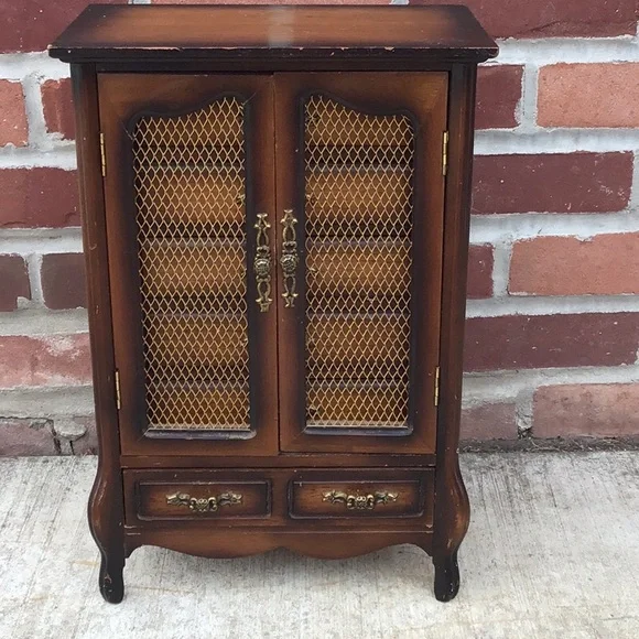 large Vintage Wooden Musical Jewelry Box, velvet lined drawers, made in Japan